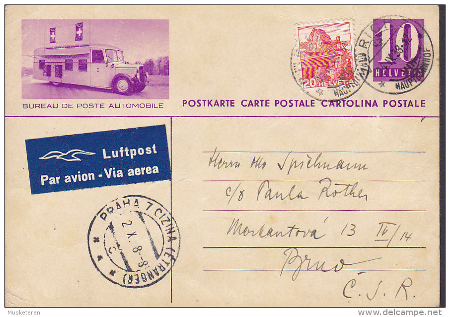 Switzerland Uprated Postal Stationery Ganzsache Intero Luftpost Par Avion Label Automobile ZÜRICH 1938 To PRAG (2 Scans) - Entiers Postaux