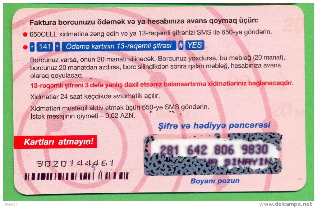 Azerbaijan GSM Prepaid Card - Azercell 20 Manat - Azerbaïjan