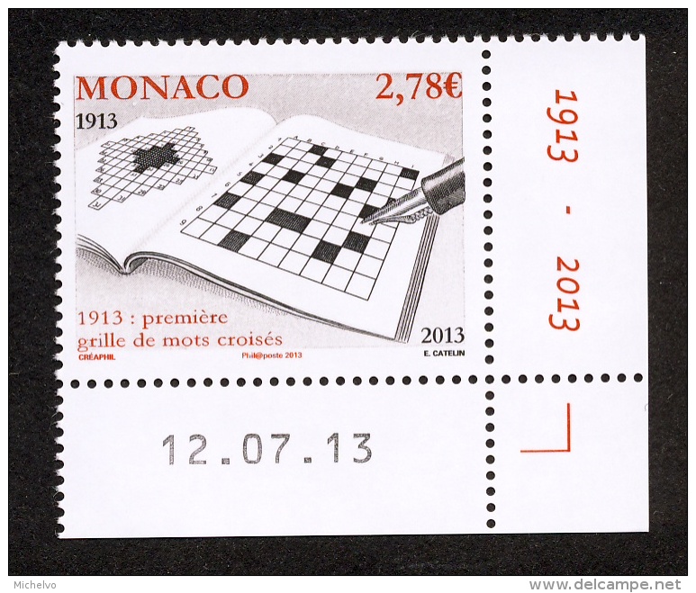 Monaco 2013 - Yv N° 2898 ** - CENTENAIRE DE LA PREMIÈRE GRILLE DE MOTS CROISES ** (coin Daté) - Unused Stamps