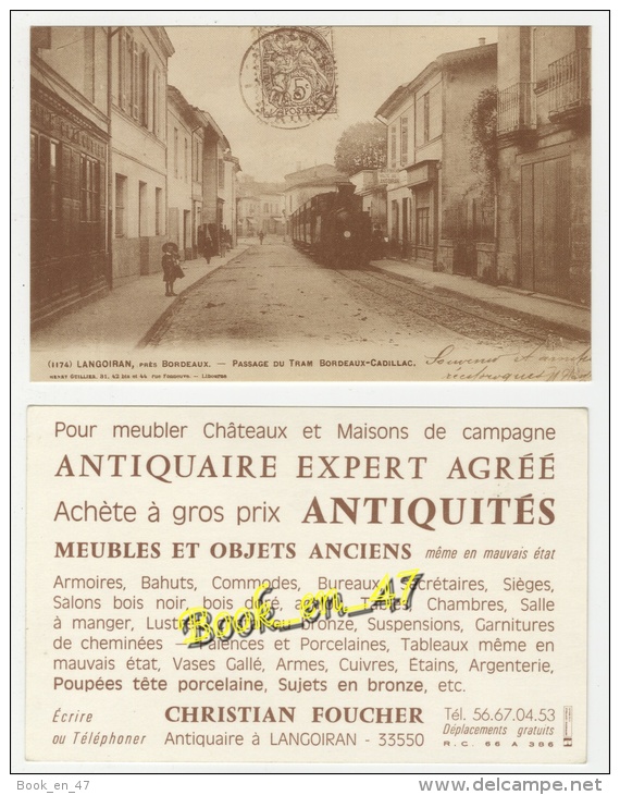 {53216} CP Pub. Reproduction : 33 Gironde Langoiran Passage Tram Bordeaux Cadillac ; Pub Antiquaire à Langoiran ; Animée - Publicité