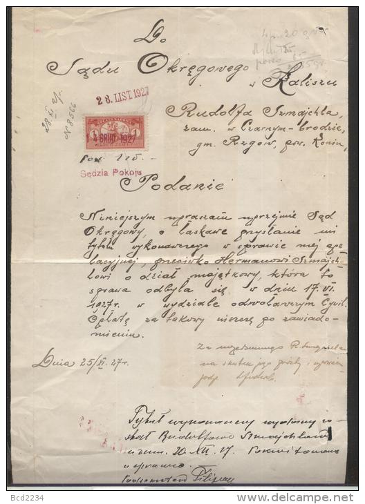 POLAND 1927 COURT APPLICATION DOCUMENT WITH USAGE OF 1ZL CARMINE 1924 COURT JUDICIAL REVENUE BF#16 - Fiscaux