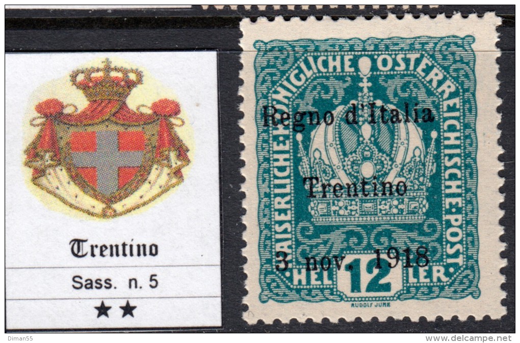 ITALIA - TRENTINO - Sass N. 5 - Cat. 1100 Euro - MNH** - GOMMA INTEGRA - Trentino