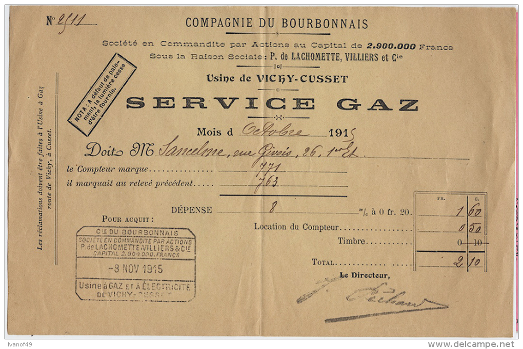 VICHY 1915 - COMPAGNIE DU BOURBONNAIS - Usine VICHY-CUSSET -  SERVICE GAZ - Electricité & Gaz