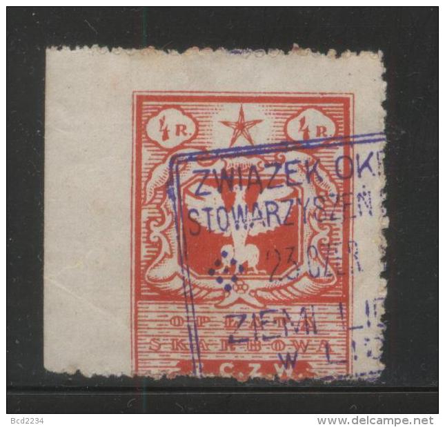 POLAND REVENUE 1919 PROVINCIAL ISSUE EASTERN POLAND 4R RED ZCZW PERF  BF#42 - Fiscaux