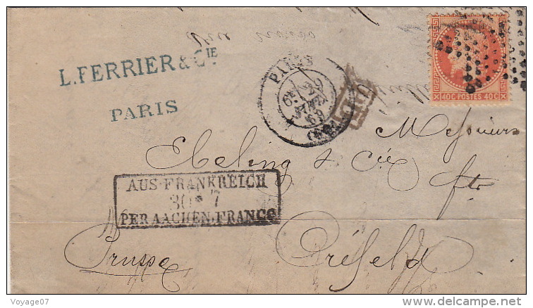 -- Lettre N°31 Cachet Paris "Aus Frankreich" Pour La Prusse -- - 1849-1876: Période Classique