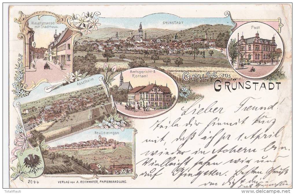 Gruss Aus Grünstadt Color Litho Amtsgericht Neuleiningen Asselheim Post 26.3.1898 Gelaufen - Bad Duerkheim