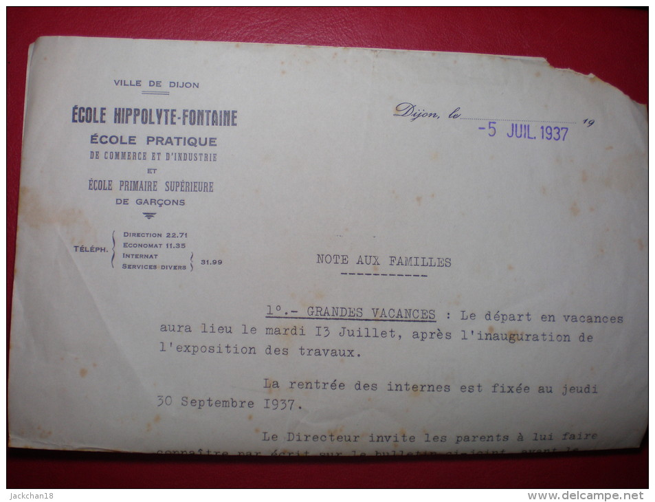 - DIJON - ECOLE HIPPOLYTE FONTAINE - NOTE AUX FAMILLES - - Diplomi E Pagelle