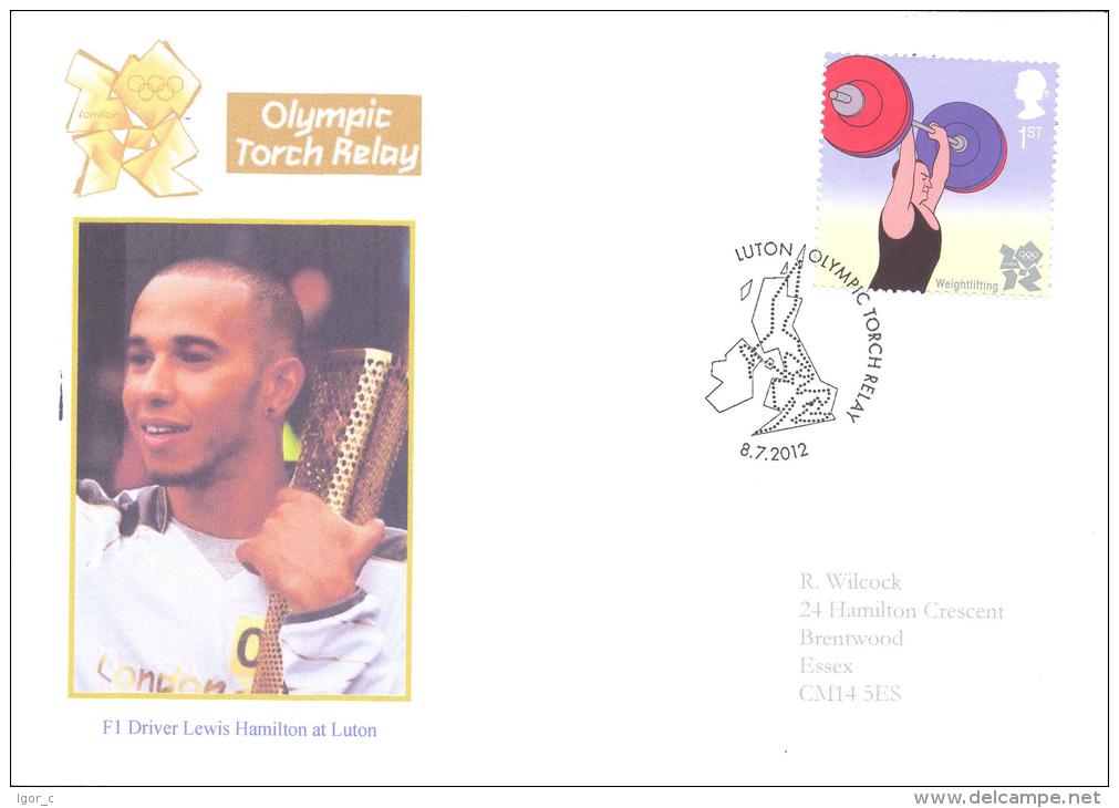 UK Olympic Games London 2012 Cover; Luton Torch Relay (8 July) Handstamp; Formula 1 Driver Luis Hamilton - Torch Bearer - Summer 2012: London
