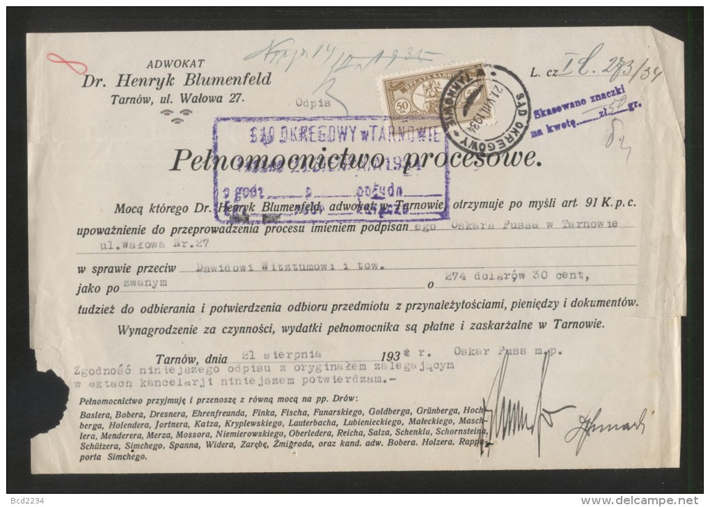 POLAND 1934 TARNOW COURT POWER OF ATTORNEY USAGE OF 1924 50GR COURT JUDICIAL SADOWA REVENUE BF#17 - Fiscaux