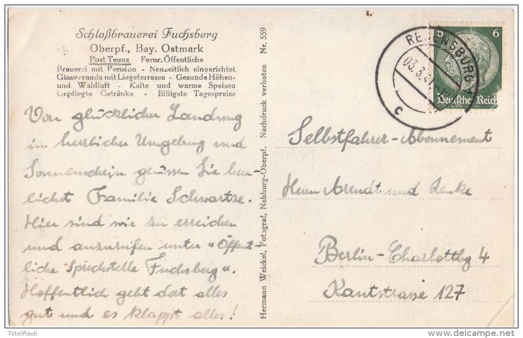 Schloß Brauerei Fuchsberg Post Teunz Oberpfalz 3.3.1941 Brewery Brasserie - Schwandorf