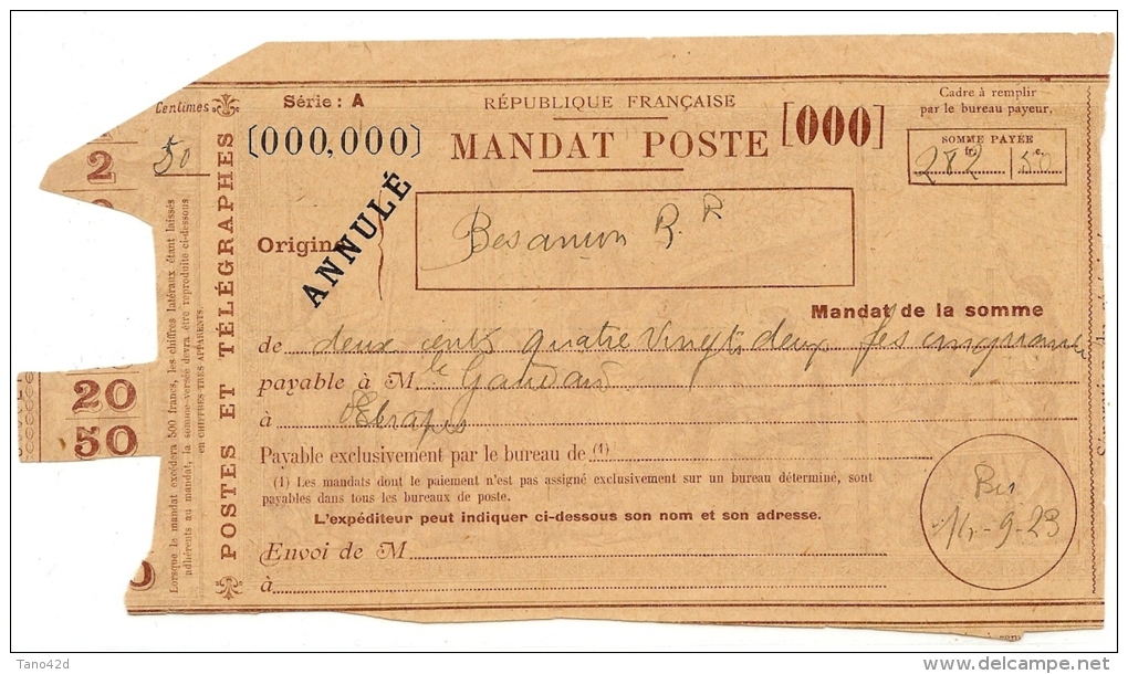 LBL24 - MANDAT POSTE DES COURS D'INSTRUCTION DE BESANCON SEPTEMBRE 1923 - Cours D'Instruction