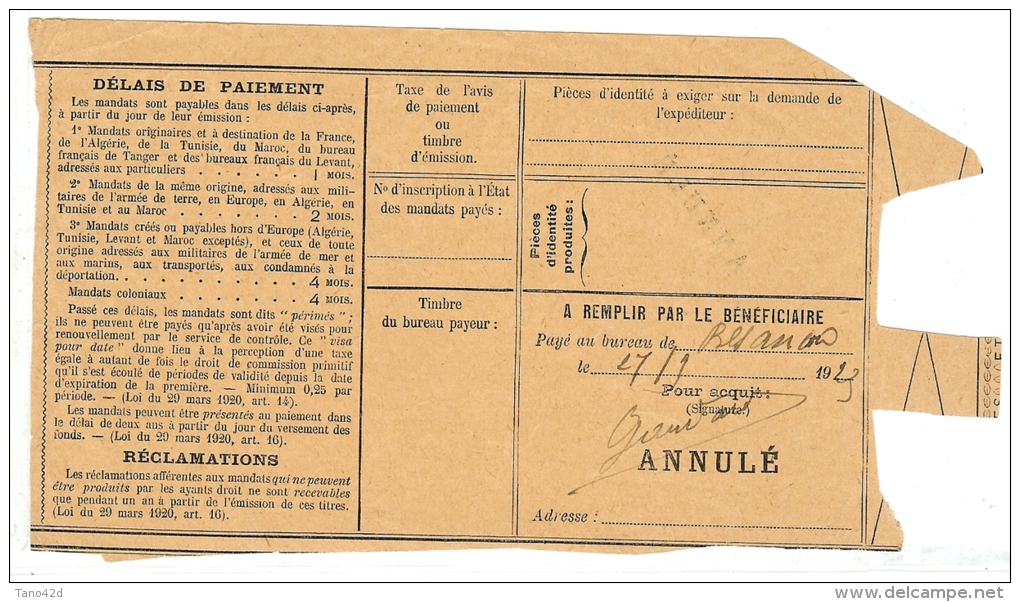LBL24 - MANDAT POSTE DES COURS D'INSTRUCTION DE BESANCON SEPTEMBRE 1923 - Cours D'Instruction