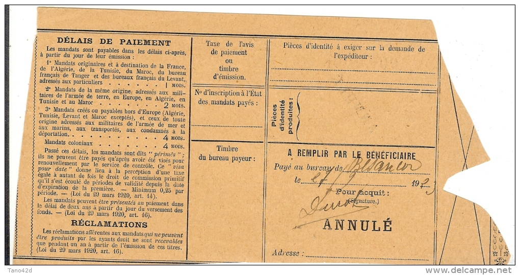 LBL24 - MANDAT POSTE DES COURS D'INSTRUCTION DE BESANCON SEPTEMBRE 1923 - Cours D'Instruction
