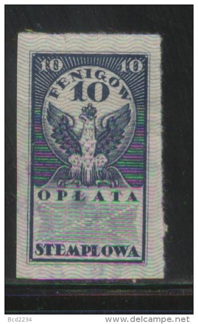 POLAND GENERAL DUTY REVENUE (OPLATA STEMPLOWA) 1920 IMPERF ISSUE 10F BLUE BF#001 - Fiscaux