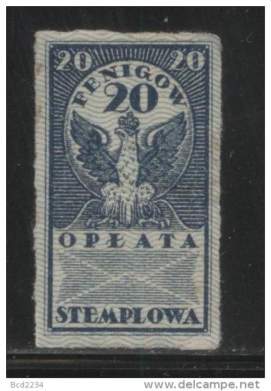 POLAND GENERAL DUTY REVENUE (OPLATA STEMPLOWA) 1920 IMPERF ISSUE 20F BLUE BF#002 - Fiscaux