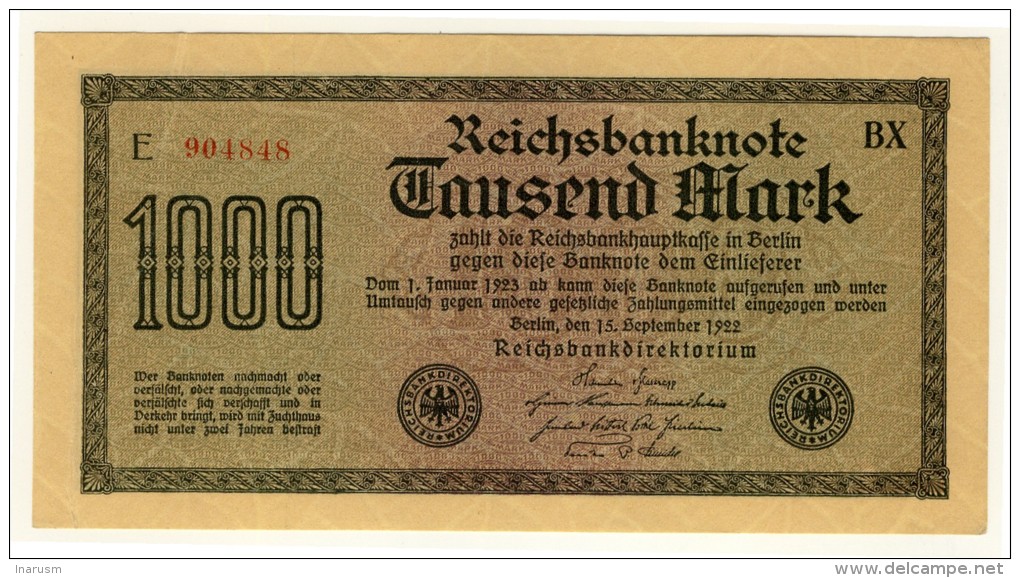 ALLEMAGNE - DEUTCHLAND - GERMANY - Reichsbanknote  -  1000  Mark - 15/09/1922 - P.76 - 1000 Mark