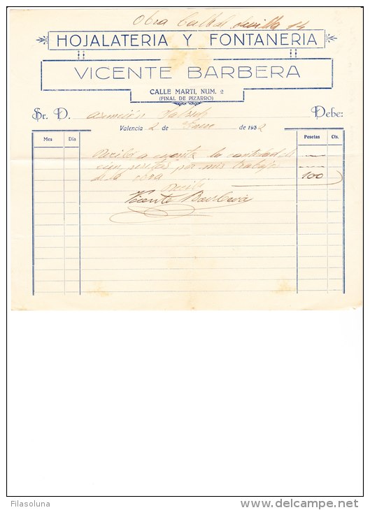 01426 Factura De 1932 - Valéncia, Hojalateria Y Fontaneria Vicente Barbera - Spain