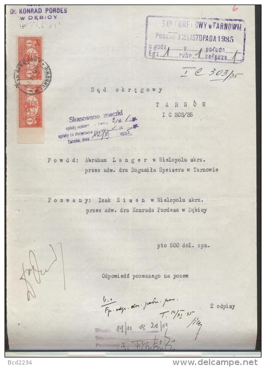 POLAND 1935 COURT DOCUMENT WITH 2 X 1ZL JUDICIAL COURT (SADOWA) REVENUE BF#19 - Fiscaux