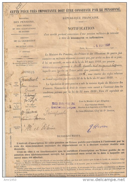 Militaria - Notification D´un Arrêté à Titre De Blessures Et Infirmités - 5 Fev. 1921 Paris - Ministère Des Pensions - Historical Documents