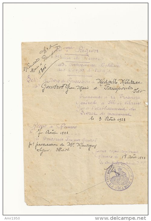 Militaria - Lettre D´avis De Concession De Médaille Militaire - Rennes Le 7 Août 1923 - Documents Historiques