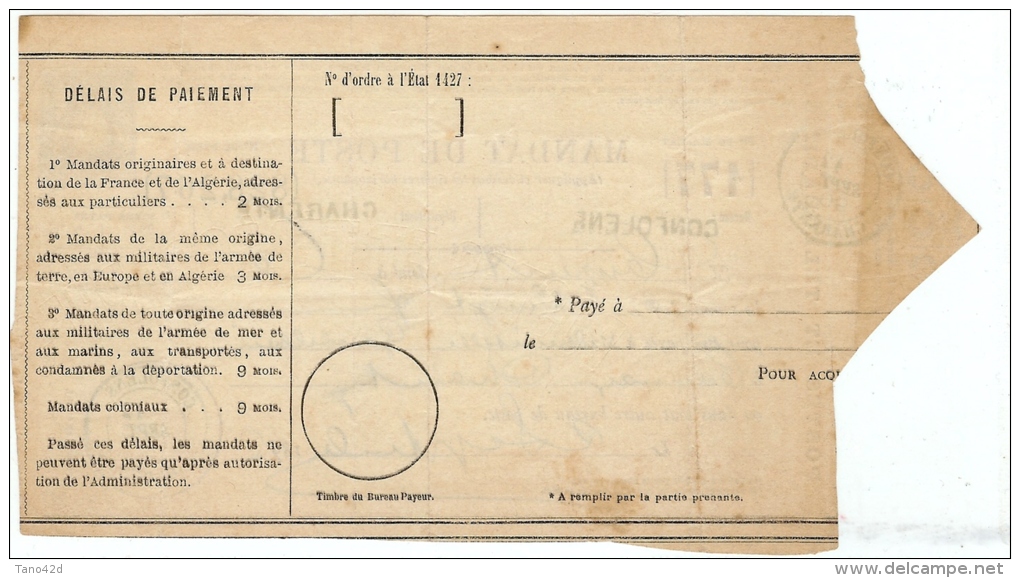 LBL24 - MANDAT POSTE TYPE SAGE BRUN SANS VALEUR MOD. 1891 - STORCH R9 - OBL. CONFOLENS 12/9/1896 - Other & Unclassified