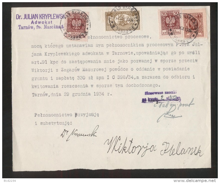 POLAND 1934 POWER OF ATTORNEY WITH 50GR COURT JUDICIAL REVENUE BF#17 & 2 X 50GR + 2ZL GENERAL DUTY REVENUE BF#105, 93 - Fiscaux