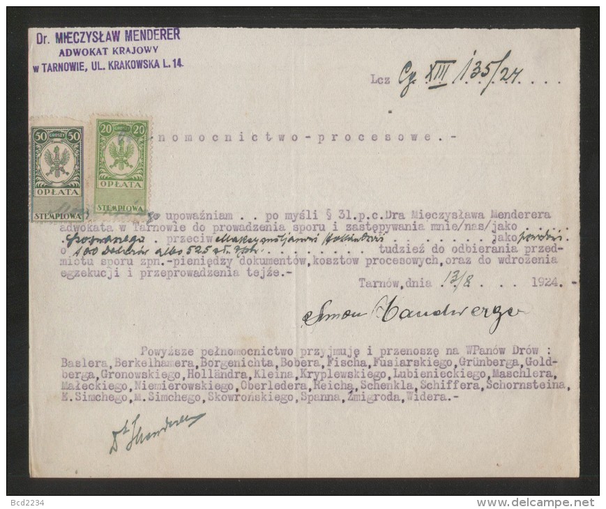 POLAND 1924 POWER OF ATTORNEY WITH 50GR + 20GR GENERAL DUTY REVENUE BF#73, 76 - Fiscaux