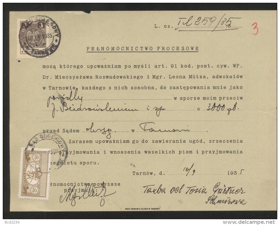 POLAND 1934 POWER OF ATTORNEY WITH 50GR COURT JUDICIAL REVENUE BF#17 & 3ZL GENERAL DUTY REVENUE BF#108 - Steuermarken