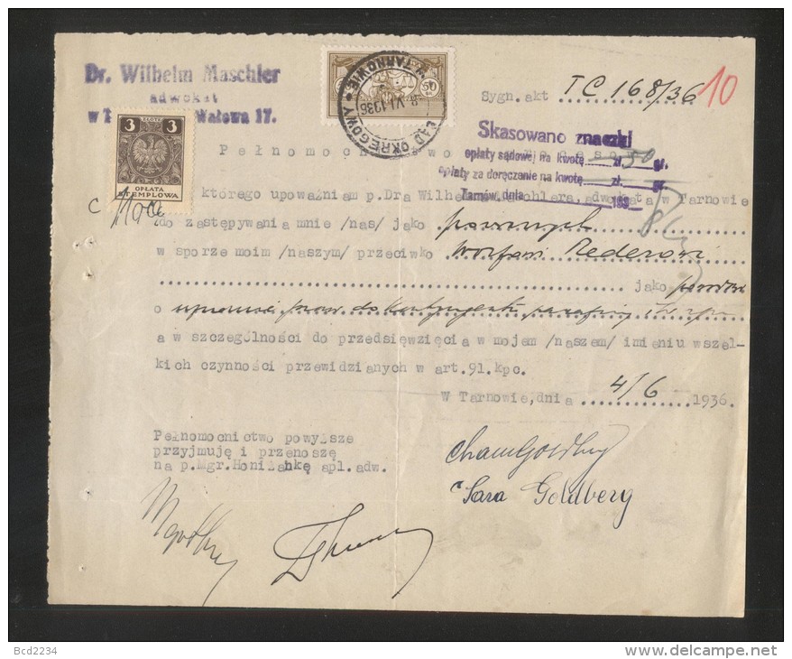 POLAND 1934 POWER OF ATTORNEY WITH 50GR COURT JUDICIAL REVENUE BF#17 & 3ZL GENERAL DUTY REVENUE BF# 108 - Revenue Stamps