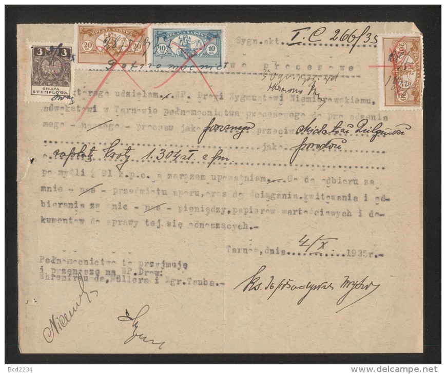 POLAND 1934 POWER OF ATTORNEY WITH 10GR + 2X 20GR COURT JUDICIAL REVENUE BF#14,15 & 3ZL GENERAL DUTY REVENUE BF#108 - Fiscaux