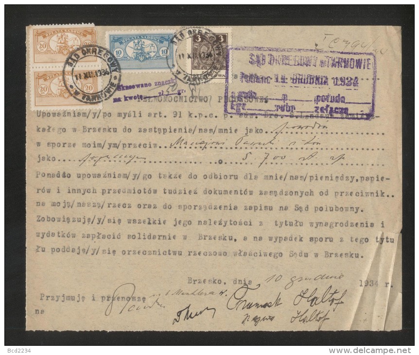 POLAND 1934 POWER OF ATTORNEY WITH 10GR + 2X 20GR COURT JUDICIAL REVENUE BF#14,15 & 3ZL GENERAL DUTY REVENUE BF#108 - Fiscales