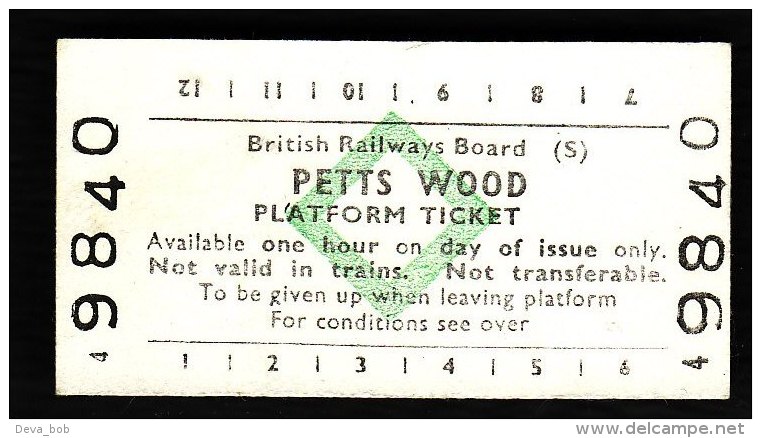 Railway Platform Ticket PETTS WOOD BRB(S) Green Diamond Edmondson - Europe