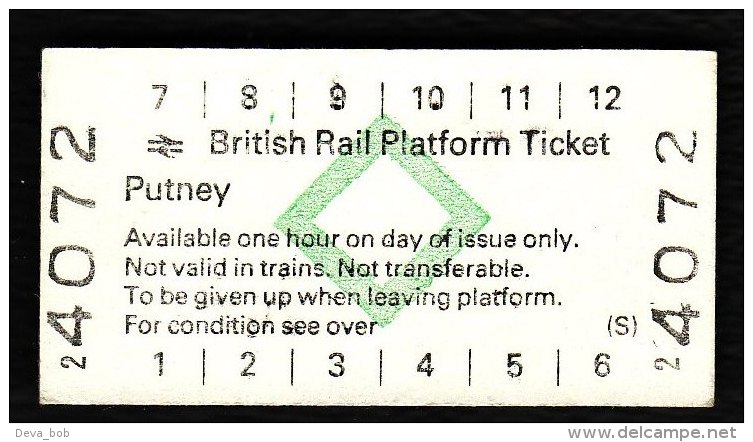 Railway Platform Ticket PUTNEY BRB(S) Green Diamond Edmondson - Europe