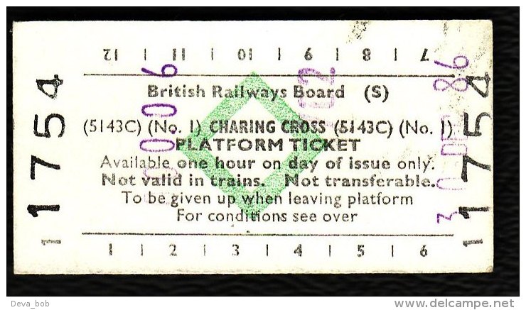 Railway Platform Ticket CHARING CROSS No.1 BRB(S) Green Diamond Edmondson - Europe