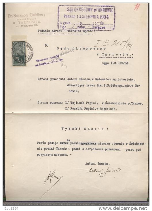 POLAND 1934 ADDRESS NOTIFICATION TO COURT WITH 80GR COURT DELIVERY FEE REVENUE BF#13 - Fiscaux