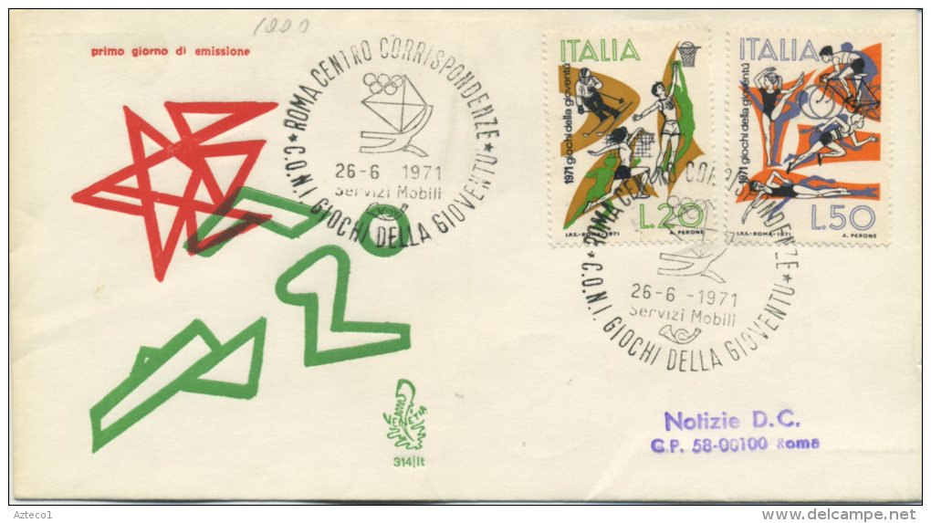 ITALIA - FDC VENETIA  1971 -  GIOCHI DELLA GIOVENTU´ - SPORT - ANNULLO A TARGHETTA - VIAGGIATA PER ROMA - FDC