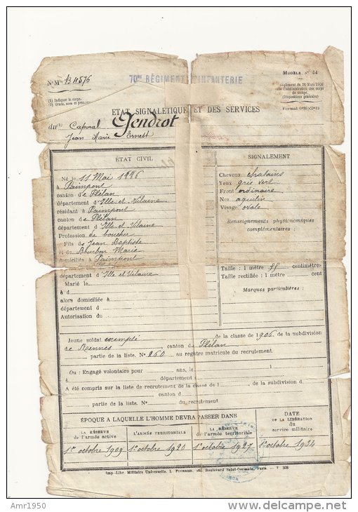 Militaria - état Signalétique Et Des Services - 70è Régiment D´infanterie - 1916 - Historical Documents