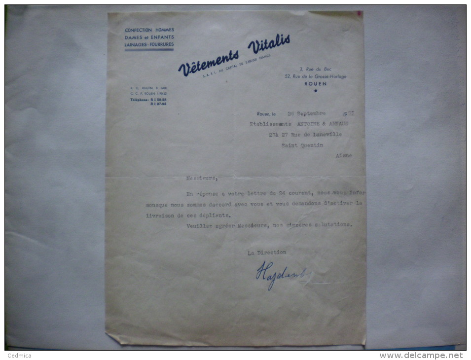 ROUEN VETEMENTS VITALIS CONFECTION 3 RUE DU BEC 52 RUE DE LA GROSSE HORLOGE COURRIER DU 26/9/51 - Textile & Vestimentaire