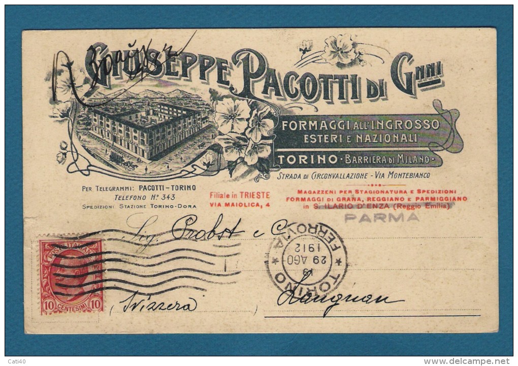 TORINO  CARTOLINA PUBBLICITARIA PACOTTI FORMAGGI CON BELLA VEDUTA STABILIMENTO - 1912 - Pubblicitari