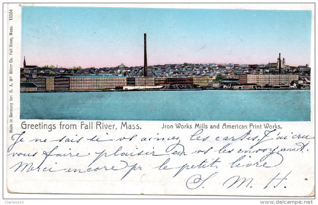 Gretings From Fall River Mass Jron Works Mill And American Carte Precueseur Oblitére Mass - Fall River