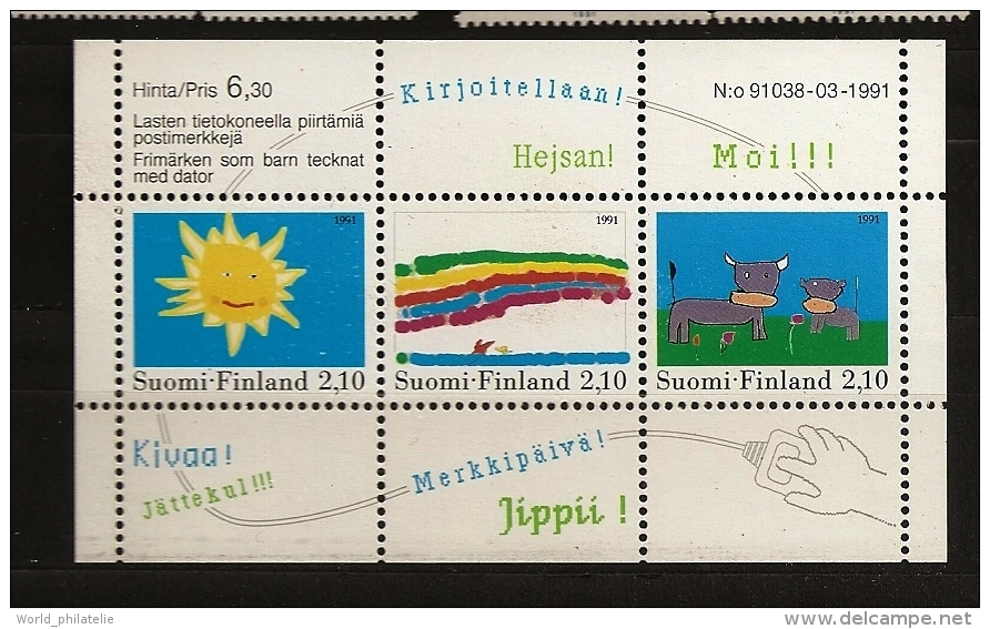 Finlande Finland 1991 N° 1115 / 7 Ou BF 7 ** Dessin D´enfant, Programme TV, Soleil, Arc-en-ciel, Vaches, Pré, Fleur - Nuevos