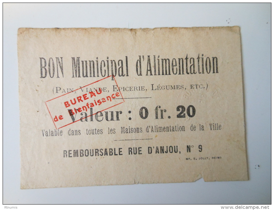 Marne 51 Reims , 1ère Guerre Mondiale 20 Centimes - Bons & Nécessité