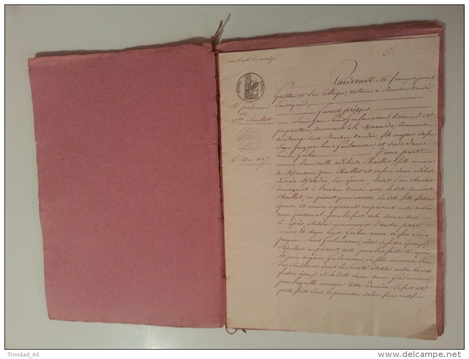 BOURG SOUS BOURBON VENDEE ET BOURBON VENDEE SOUS LA ROCHE 85 CONTRAT DE MARIAGE GUILMINEAU ET CHAILLOT 1837 GENEALOGIE - Manuscrits