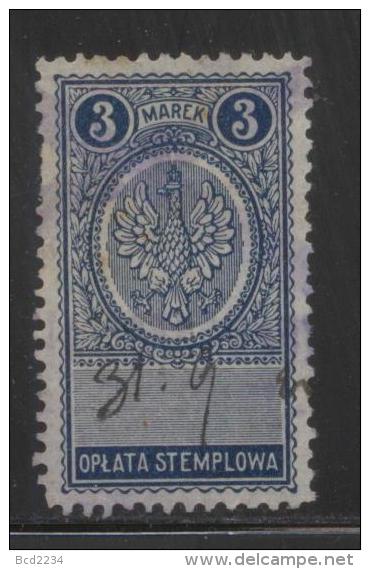 POLAND GENERAL DUTY REVENUE (OPLATA STEMPLOWA) 1921 EAGLE DESIGNS 3M BLUE PERF 10-12.5 BF#025A - Revenue Stamps