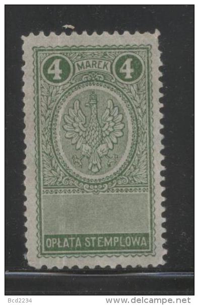 POLAND GENERAL DUTY REVENUE (OPLATA STEMPLOWA) 1921 EAGLE DESIGNS 4M GREEN PERF 10-12.5 BF#026A - Fiscaux