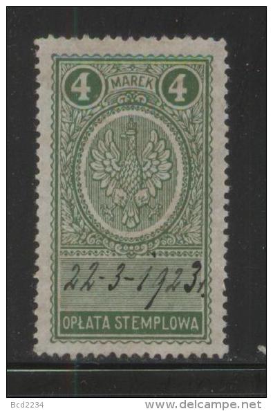 POLAND GENERAL DUTY REVENUE (OPLATA STEMPLOWA) 1921 EAGLE DESIGNS 4M GREEN PERF 13-14.5 BF#026B - Fiscaux