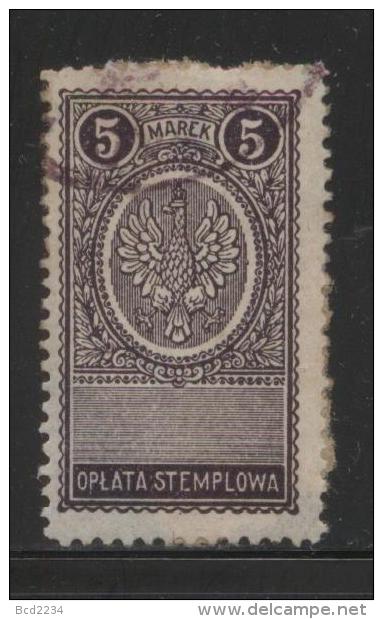 POLAND GENERAL DUTY REVENUE (OPLATA STEMPLOWA) 1921 EAGLE DESIGNS 5M PURPLE PERF 10-12.5 BF#027A - Fiscaux