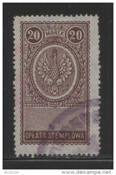 POLAND GENERAL DUTY REVENUE (OPLATA STEMPLOWA) 1921 EAGLE DESIGNS 20M PURPLE-BROWN PERF 13-14.5 BF#029B - Fiscaux