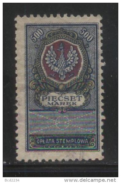 POLAND GENERAL DUTY REVENUE (OPLATA STEMPLOWA) 1921 EAGLE DESIGNS REVISED 500M BLUE, RED & OLIVE PERF 10-12.5 BF#036A - Fiscaux