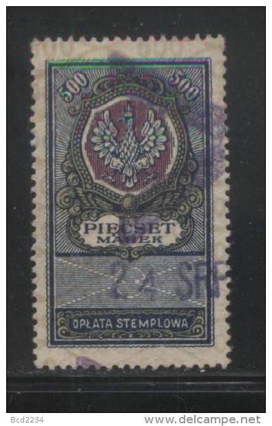 POLAND GENERAL DUTY REVENUE (OPLATA STEMPLOWA) 1921 EAGLE DESIGNS REVISED 500M BLUE, RED & OLIVE PERF 13-14.5 BF#036B - Fiscaux